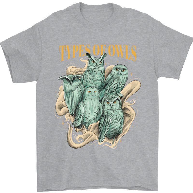 Types of Owls Species Mens T-Shirt 100% Cotton Sports Grey