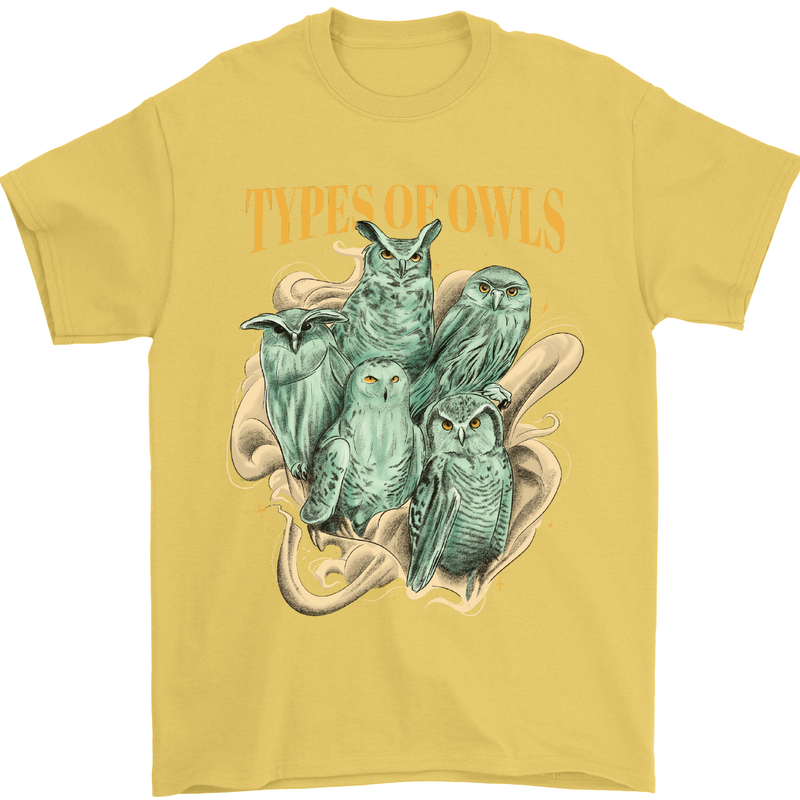 Types of Owls Species Mens T-Shirt 100% Cotton Yellow