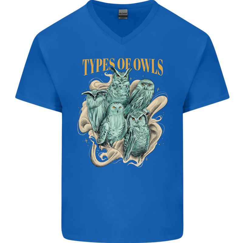 Types of Owls Species Mens V-Neck Cotton T-Shirt Royal Blue