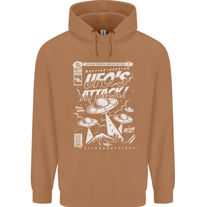 UFO's Attack! Aliens Out of Space Mens 80% Cotton Hoodie Caramel Latte