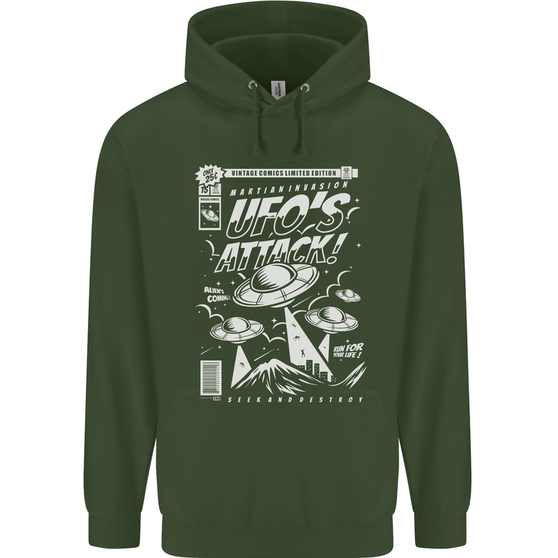 UFO's Attack! Aliens Out of Space Mens 80% Cotton Hoodie Forest Green