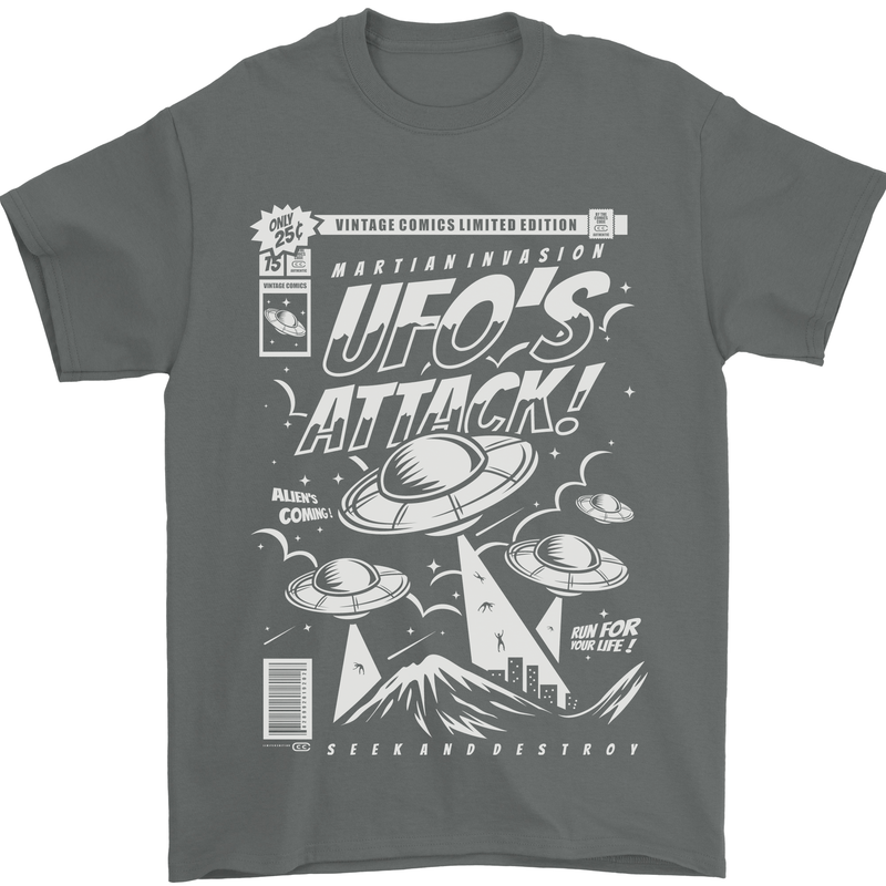 UFO's Attack! Aliens Out of Space Mens T-Shirt Cotton Gildan Charcoal