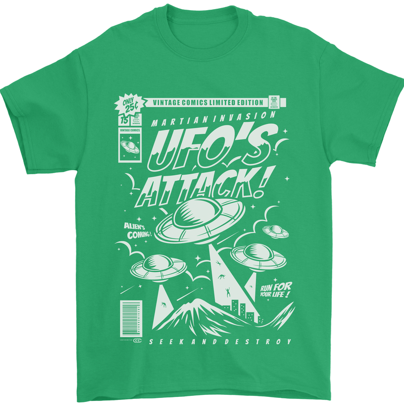 UFO's Attack! Aliens Out of Space Mens T-Shirt Cotton Gildan Irish Green