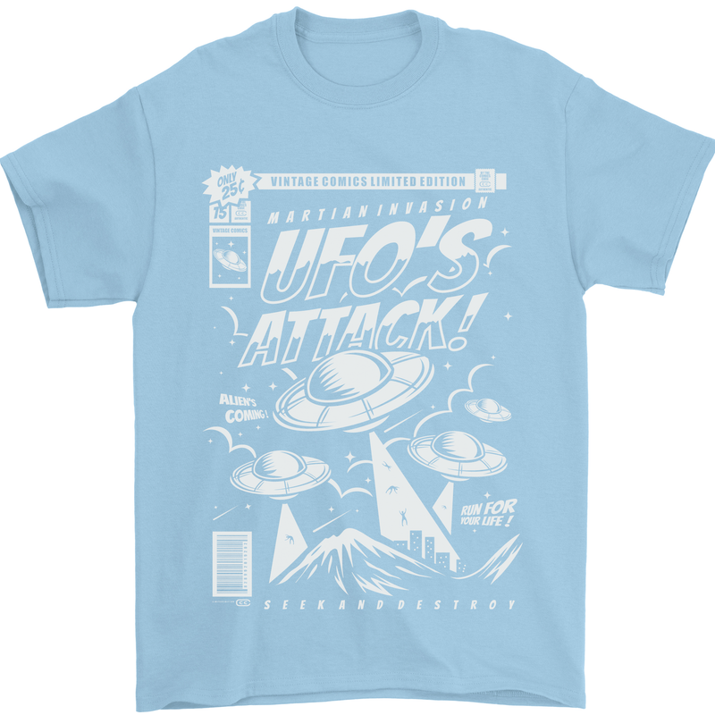 UFO's Attack! Aliens Out of Space Mens T-Shirt Cotton Gildan Light Blue