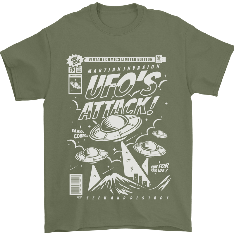 UFO's Attack! Aliens Out of Space Mens T-Shirt Cotton Gildan Military Green