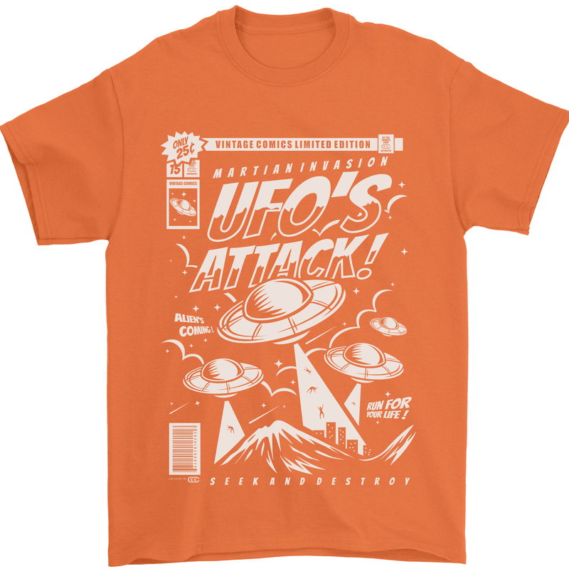 UFO's Attack! Aliens Out of Space Mens T-Shirt Cotton Gildan Orange