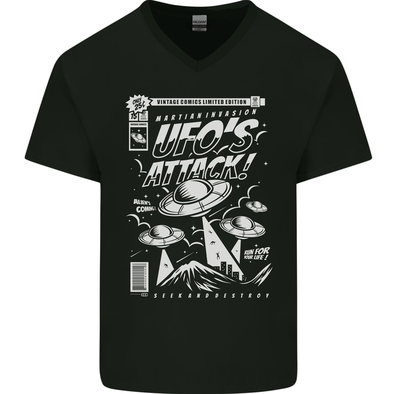 UFO's Attack! Aliens Out of Space Mens V-Neck Cotton T-Shirt Black