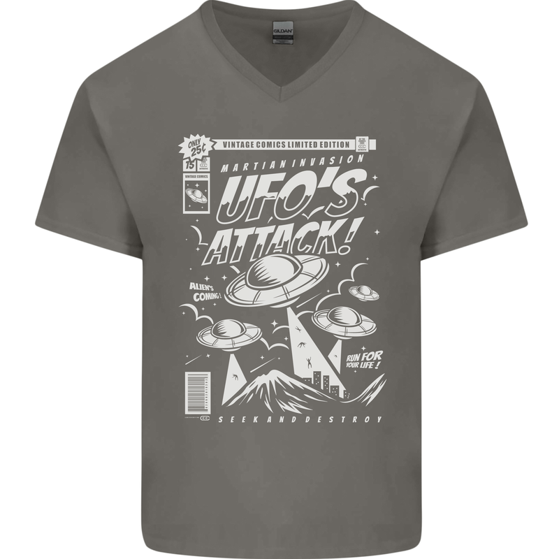 UFO's Attack! Aliens Out of Space Mens V-Neck Cotton T-Shirt Charcoal