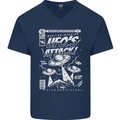 UFO's Attack! Aliens Out of Space Mens V-Neck Cotton T-Shirt Navy Blue