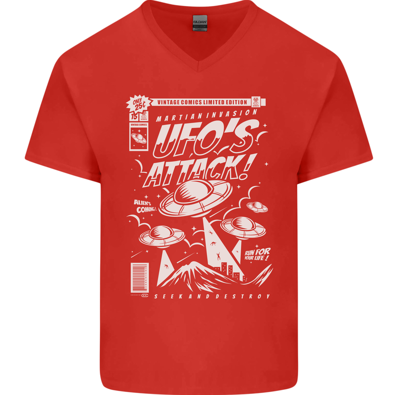 UFO's Attack! Aliens Out of Space Mens V-Neck Cotton T-Shirt Red