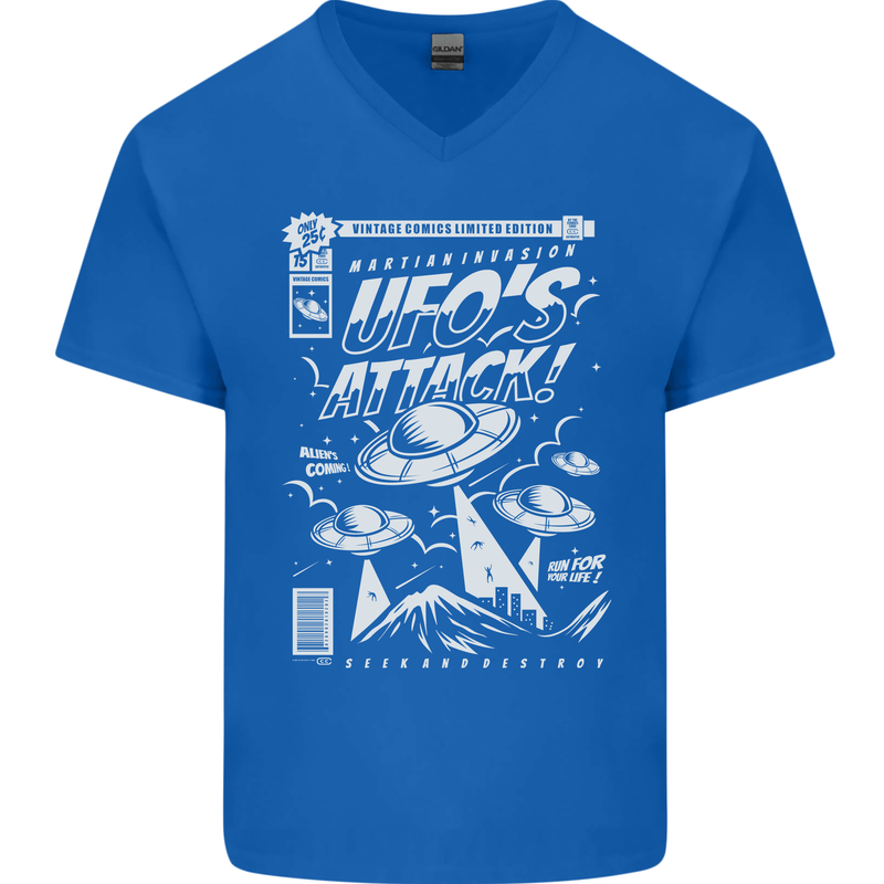UFO's Attack! Aliens Out of Space Mens V-Neck Cotton T-Shirt Royal Blue