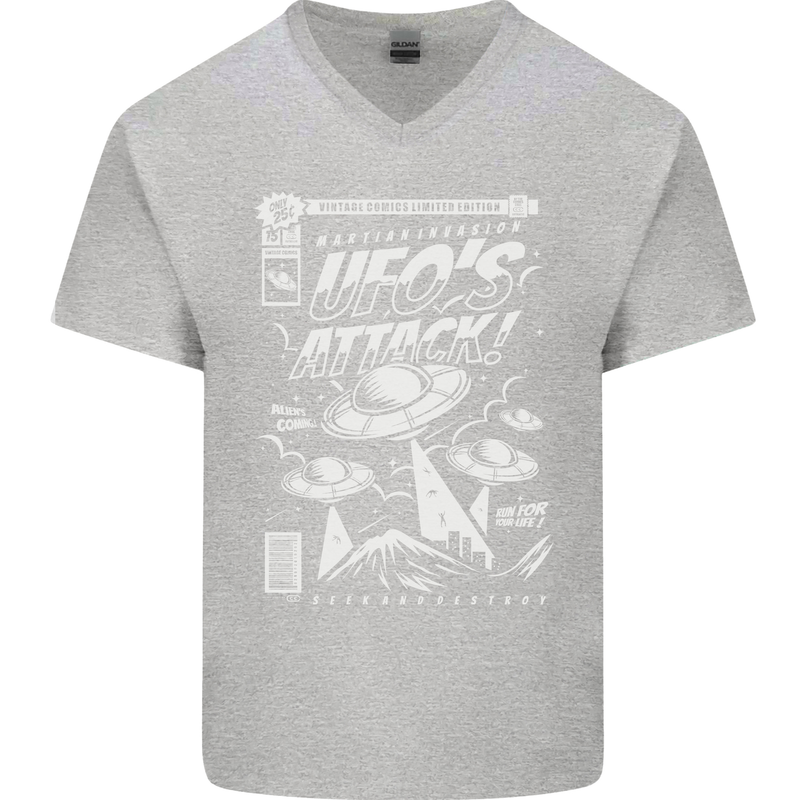 UFO's Attack! Aliens Out of Space Mens V-Neck Cotton T-Shirt Sports Grey