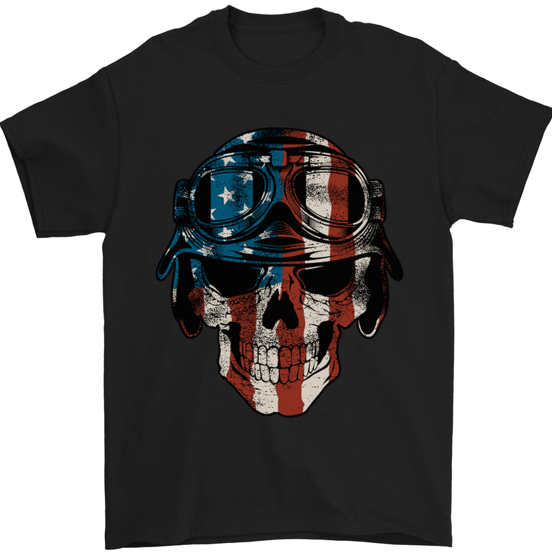 USA Flag Biker Skull Motorcycle Motorbike Mens T-Shirt Cotton Gildan Black