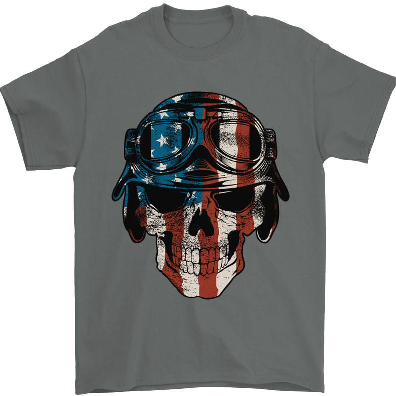USA Flag Biker Skull Motorcycle Motorbike Mens T-Shirt Cotton Gildan Charcoal