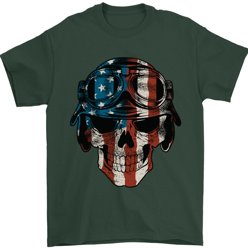 USA Flag Biker Skull Motorcycle Motorbike Mens T-Shirt Cotton Gildan Forest Green