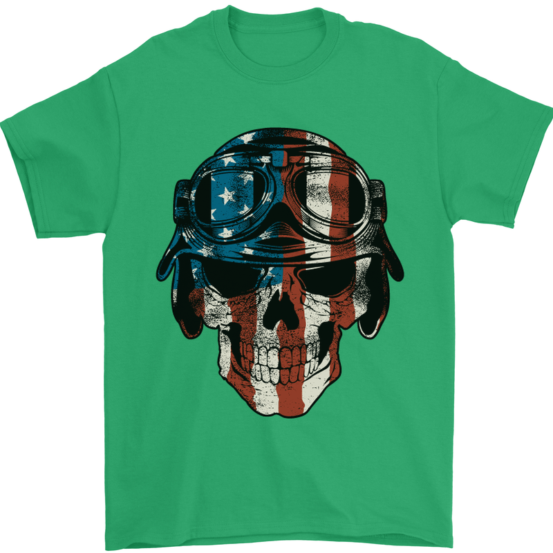 USA Flag Biker Skull Motorcycle Motorbike Mens T-Shirt Cotton Gildan Irish Green