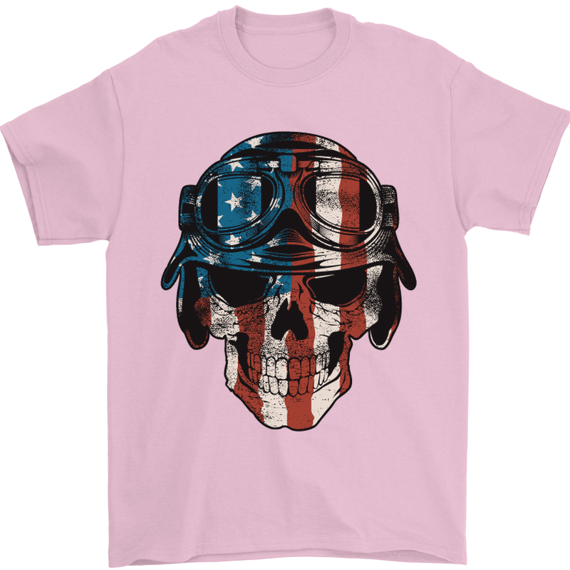 USA Flag Biker Skull Motorcycle Motorbike Mens T-Shirt Cotton Gildan Light Pink