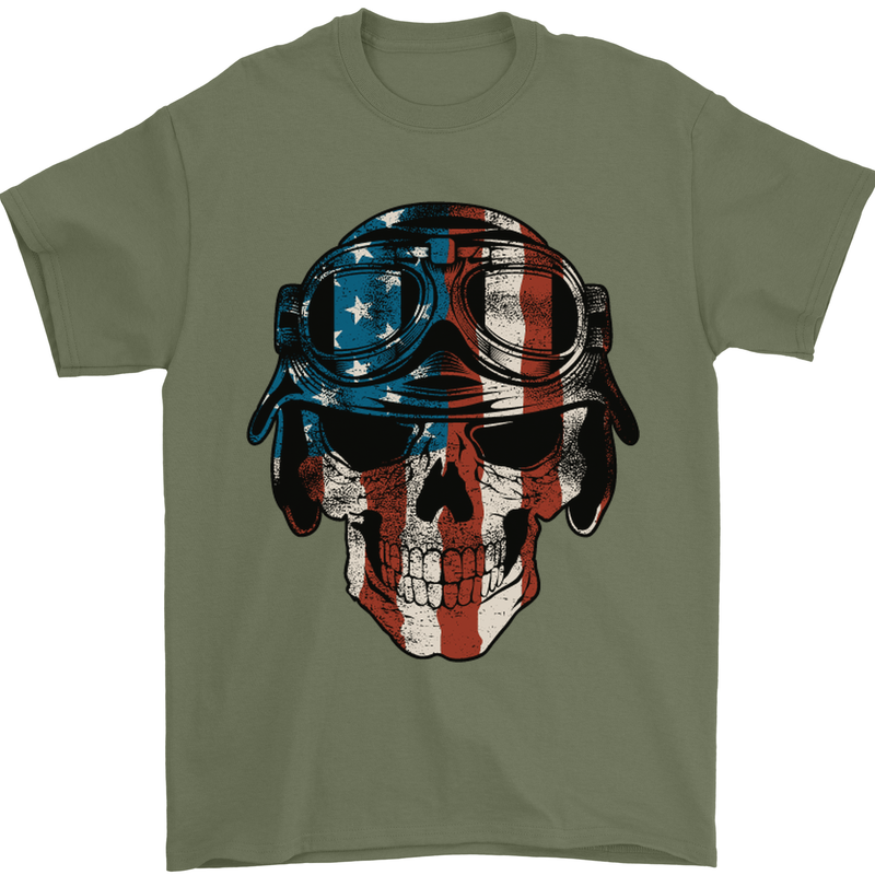 USA Flag Biker Skull Motorcycle Motorbike Mens T-Shirt Cotton Gildan Military Green