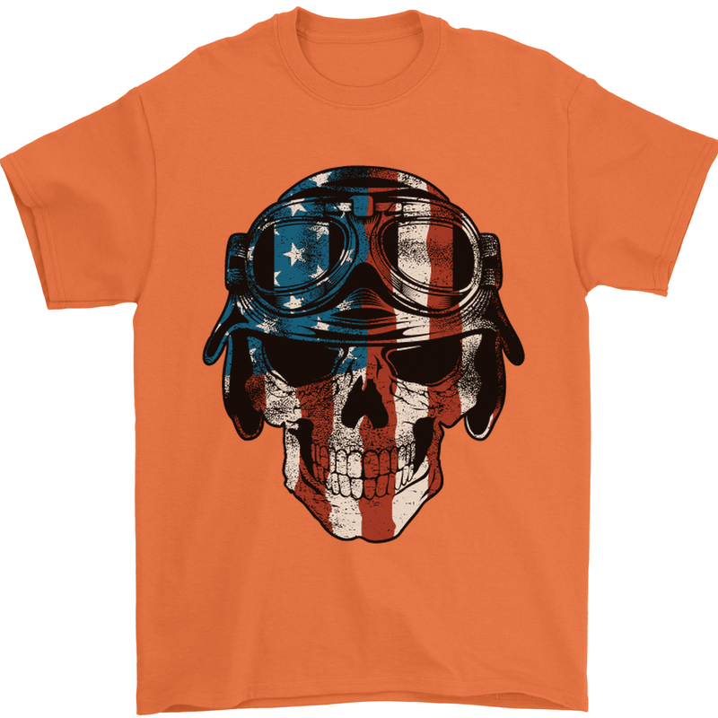 USA Flag Biker Skull Motorcycle Motorbike Mens T-Shirt Cotton Gildan Orange