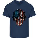 USA Flag Biker Skull Motorcycle Motorbike Mens V-Neck Cotton T-Shirt Navy Blue