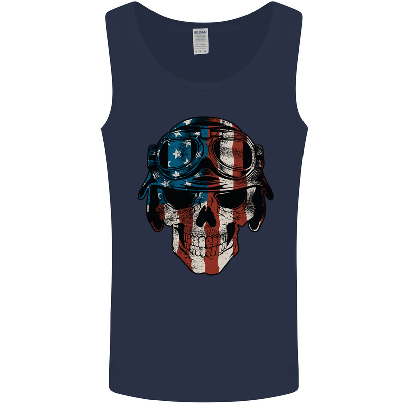 USA Flag Biker Skull Motorcycle Motorbike Mens Vest Tank Top Navy Blue