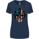 USA Flag Biker Skull Motorcycle Motorbike Womens Wider Cut T-Shirt Navy Blue