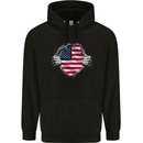 USA Flag Ripped Torn Gym America July 4th Childrens Kids Hoodie Black