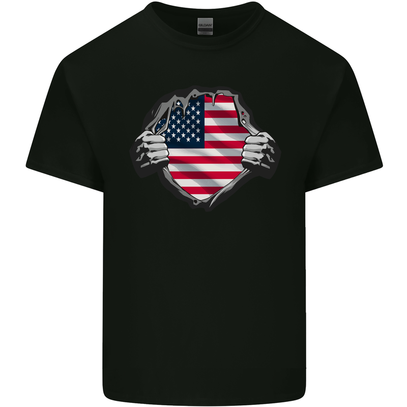 USA Flag Ripped Torn Gym America July 4th Mens Cotton T-Shirt Tee Top Black