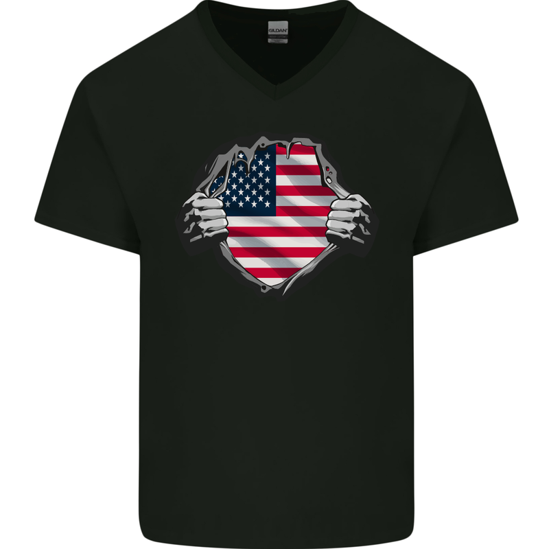 USA Flag Ripped Torn Gym America July 4th Mens V-Neck Cotton T-Shirt Black