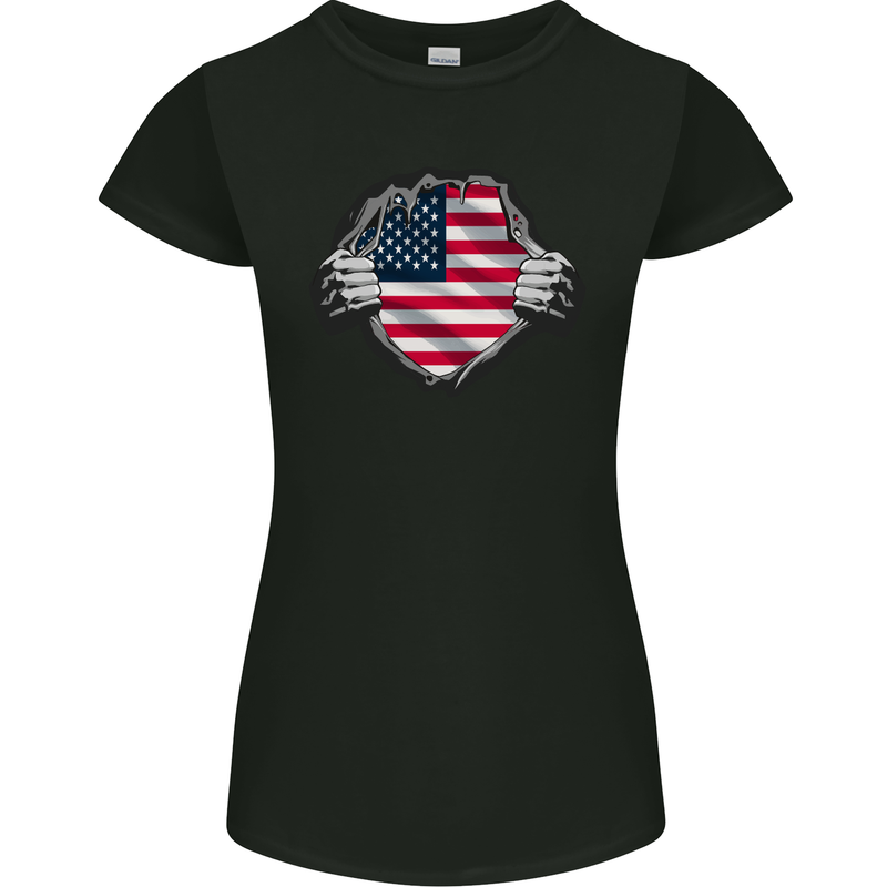 USA Flag Ripped Torn Gym America July 4th Womens Petite Cut T-Shirt Black