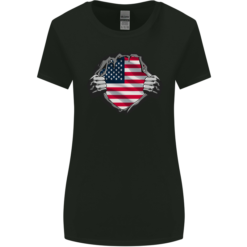USA Flag Ripped Torn Gym America July 4th Womens Wider Cut T-Shirt Black
