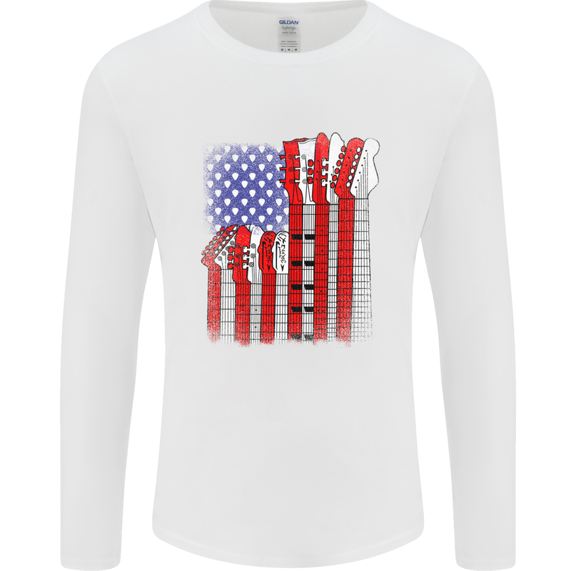 USA Guitar Flag Guitarist Electric Acoustic Mens Long Sleeve T-Shirt White
