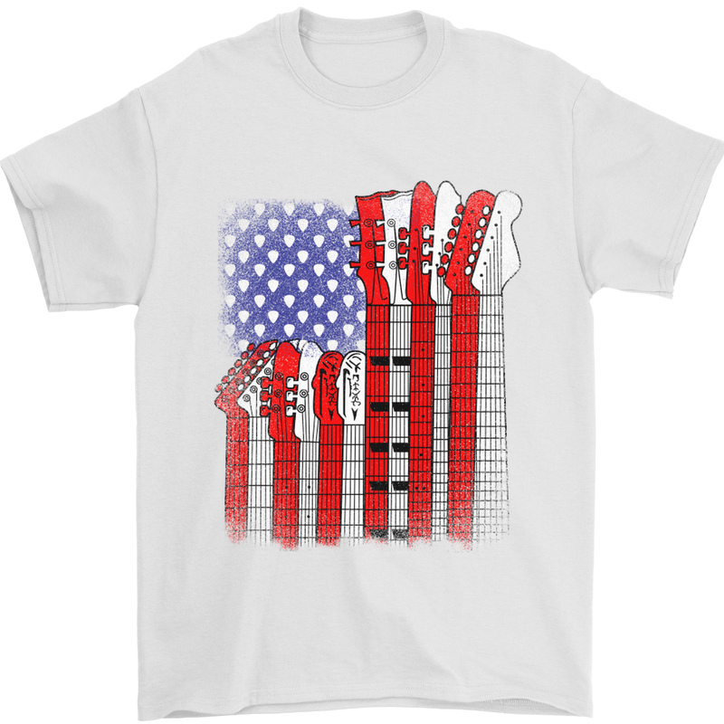 USA Guitar Flag Guitarist Electric Acoustic Mens T-Shirt Cotton Gildan White