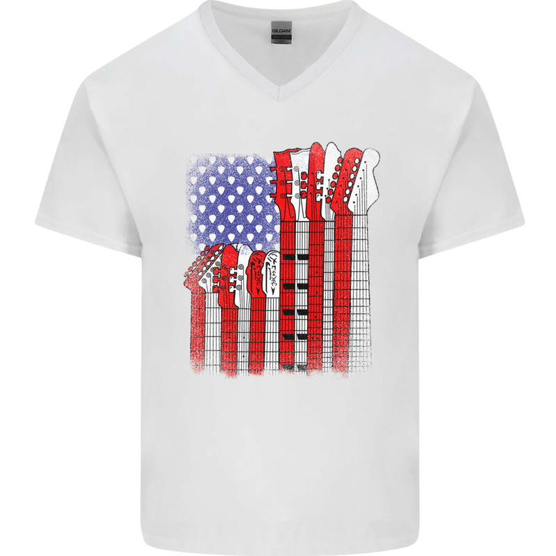 USA Guitar Flag Guitarist Electric Acoustic Mens V-Neck Cotton T-Shirt White