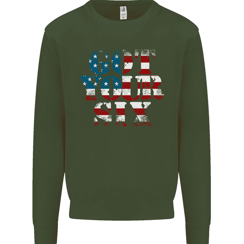 USA I've Got Your Six American Flag Army Kids Sweatshirt Jumper Forest Green