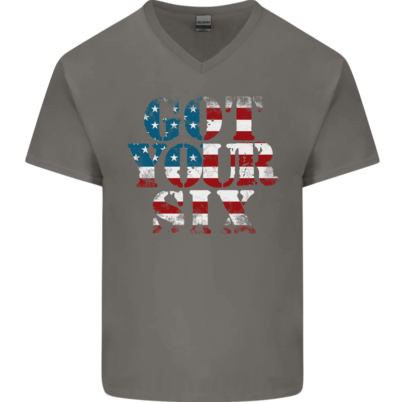 USA I've Got Your Six American Flag Army Mens V-Neck Cotton T-Shirt Charcoal