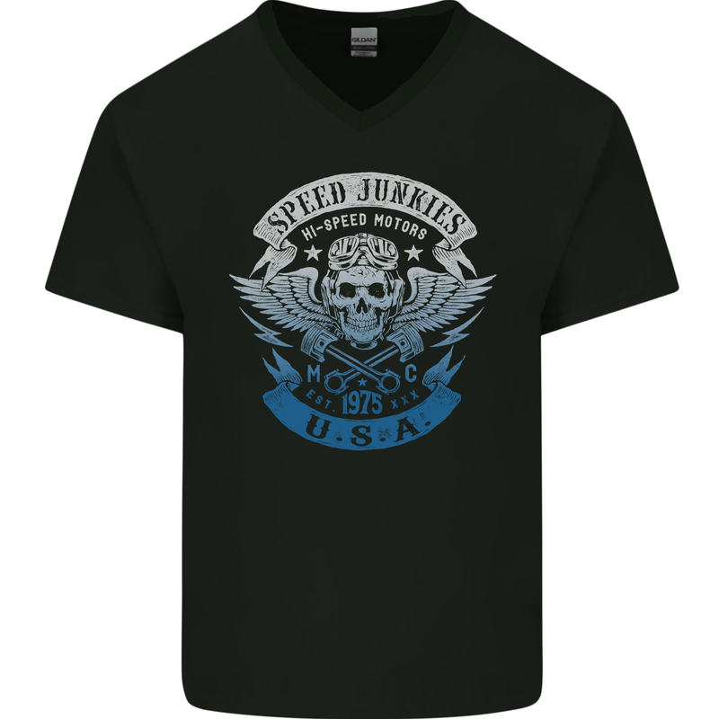 USA Speed Junkies Biker Motorcycle Mens V-Neck Cotton T-Shirt Black