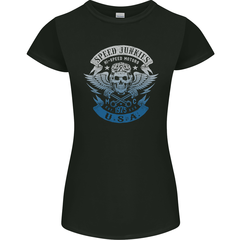 USA Speed Junkies Biker Motorcycle Womens Petite Cut T-Shirt Black