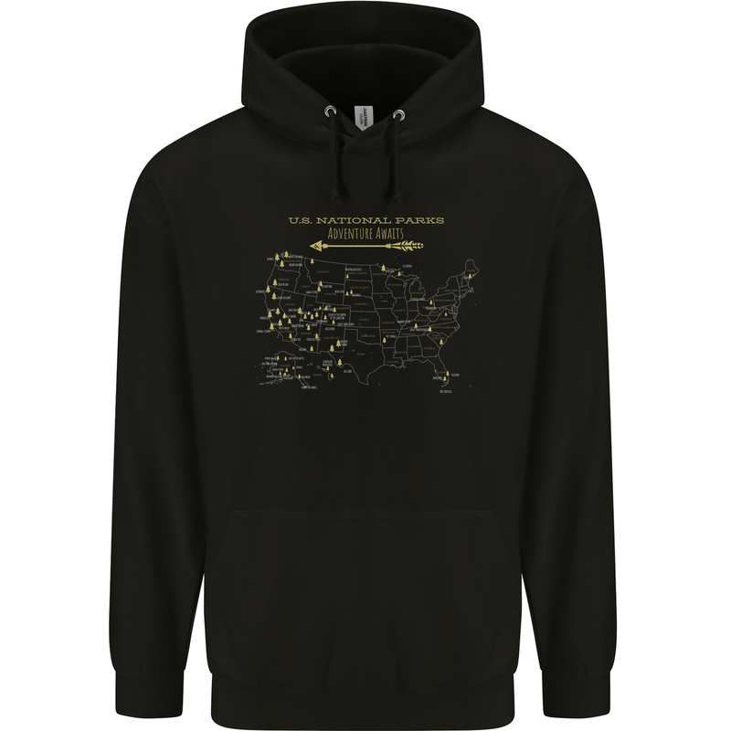 US National Parks Hiking Trekking Walking Mens 80% Cotton Hoodie Black