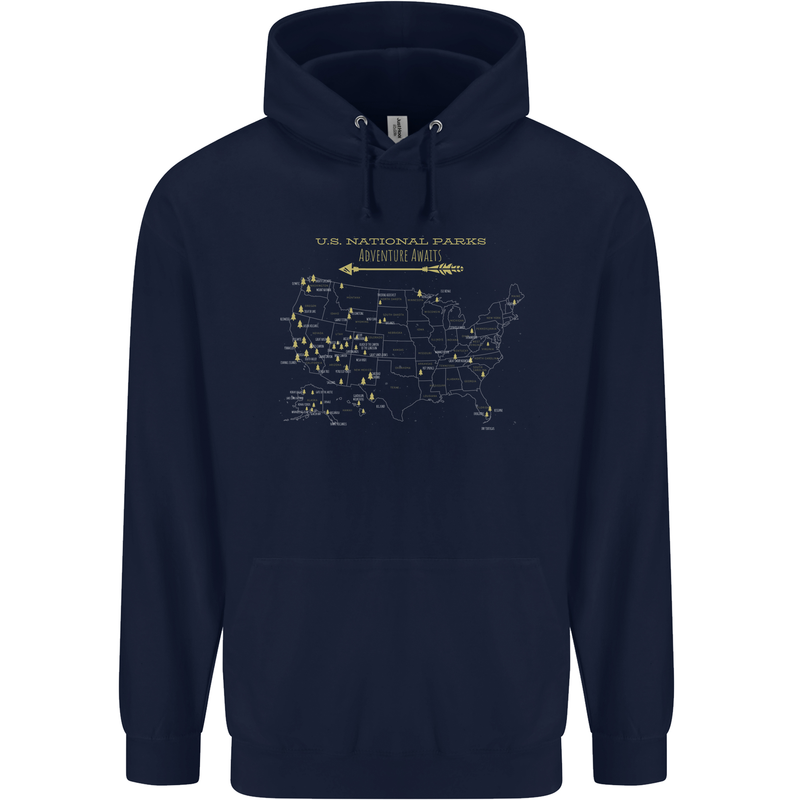 US National Parks Hiking Trekking Walking Mens 80% Cotton Hoodie Navy Blue