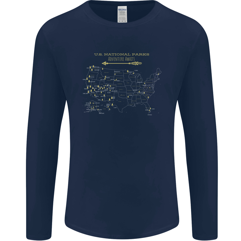 US National Parks Hiking Trekking Walking Mens Long Sleeve T-Shirt Navy Blue