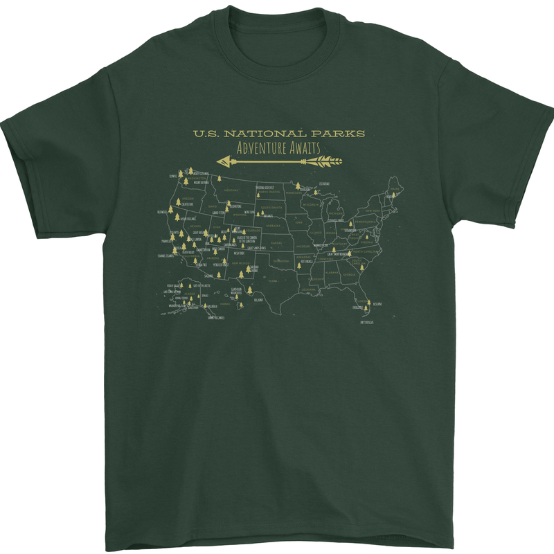 US National Parks Hiking Trekking Walking Mens T-Shirt Cotton Gildan Forest Green