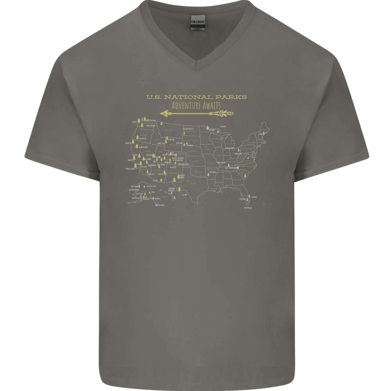 US National Parks Hiking Trekking Walking Mens V-Neck Cotton T-Shirt Charcoal