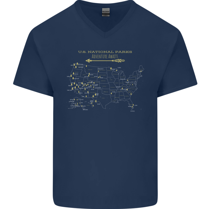 US National Parks Hiking Trekking Walking Mens V-Neck Cotton T-Shirt Navy Blue