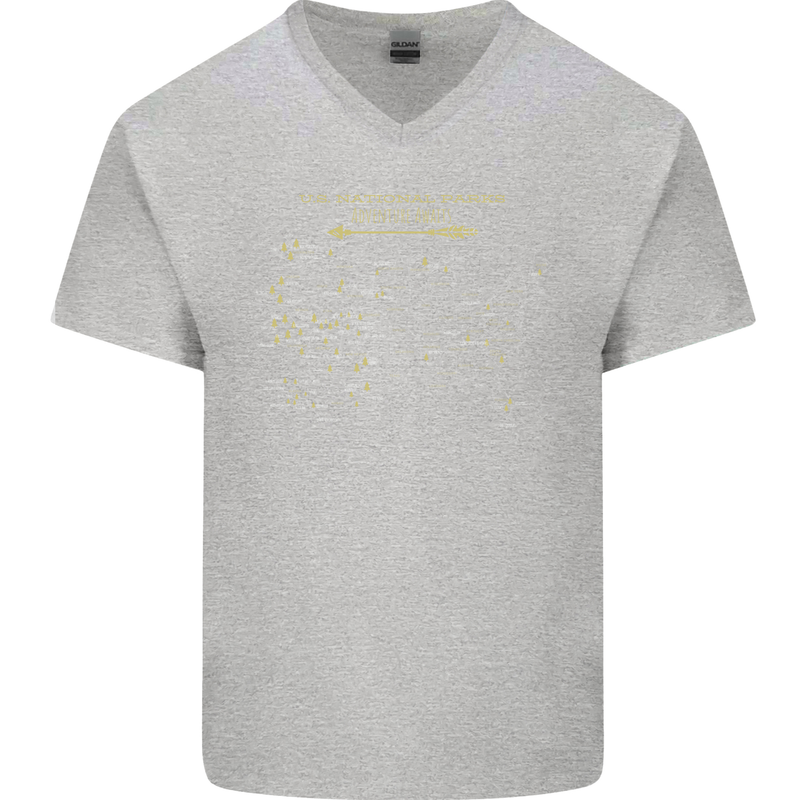US National Parks Hiking Trekking Walking Mens V-Neck Cotton T-Shirt Sports Grey