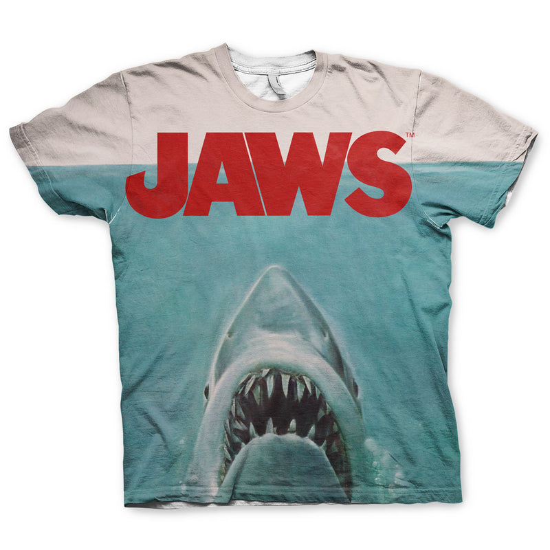 JAWS allover print mens t-shirt multicoloured film tee horror shark front