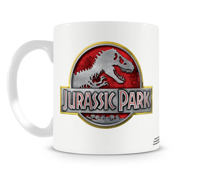Jurassic park metallic logo film white coffee mug cup dinosaurs 