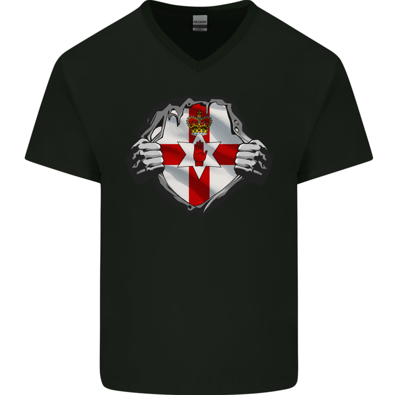Ulster Flag N Ireland Gym Ripped Torn Mens V-Neck Cotton T-Shirt Black