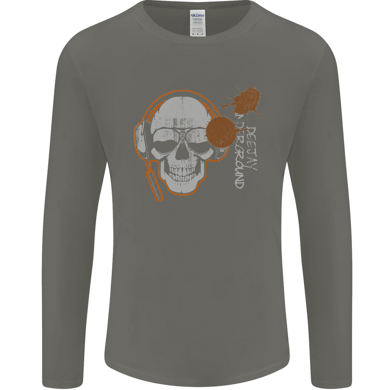 Underground DJ Skull DJing Music Mens Long Sleeve T-Shirt Charcoal