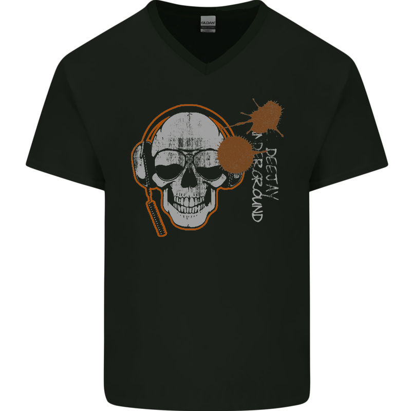 Underground DJ Skull DJing Music Mens V-Neck Cotton T-Shirt Black